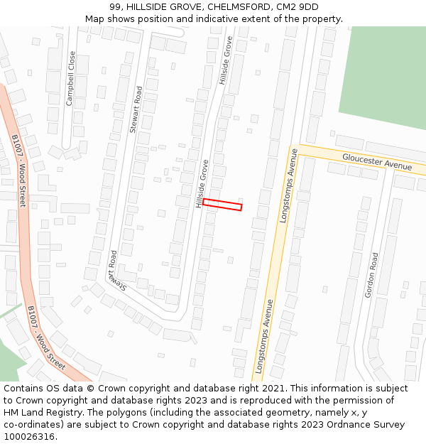 99, HILLSIDE GROVE, CHELMSFORD, CM2 9DD: Location map and indicative extent of plot