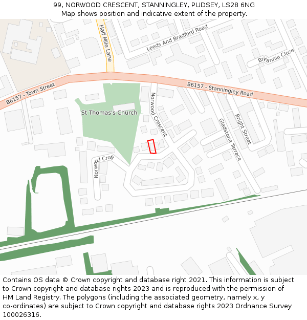 99, NORWOOD CRESCENT, STANNINGLEY, PUDSEY, LS28 6NG: Location map and indicative extent of plot