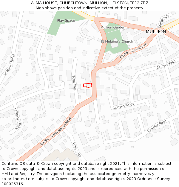 ALMA HOUSE, CHURCHTOWN, MULLION, HELSTON, TR12 7BZ: Location map and indicative extent of plot