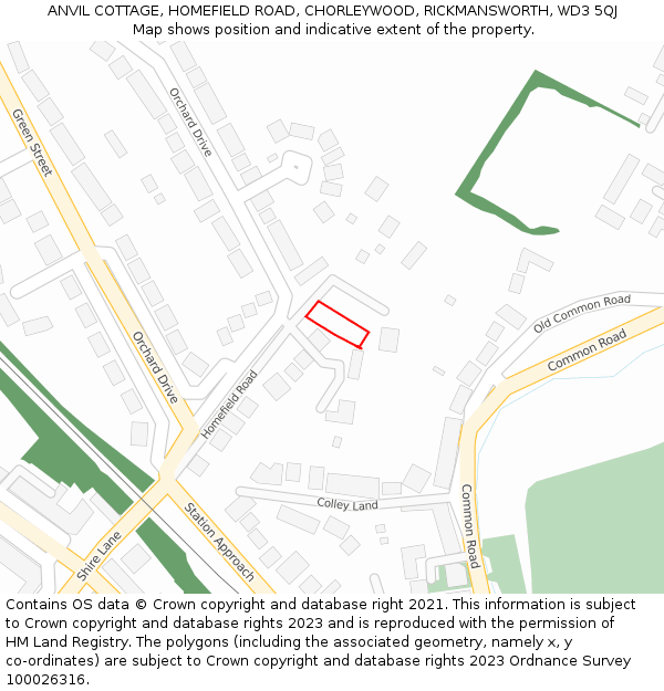 ANVIL COTTAGE, HOMEFIELD ROAD, CHORLEYWOOD, RICKMANSWORTH, WD3 5QJ: Location map and indicative extent of plot