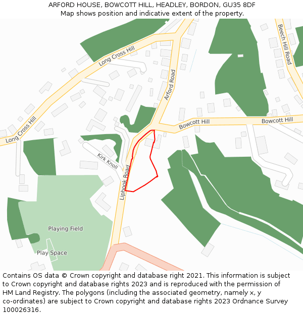 ARFORD HOUSE, BOWCOTT HILL, HEADLEY, BORDON, GU35 8DF: Location map and indicative extent of plot