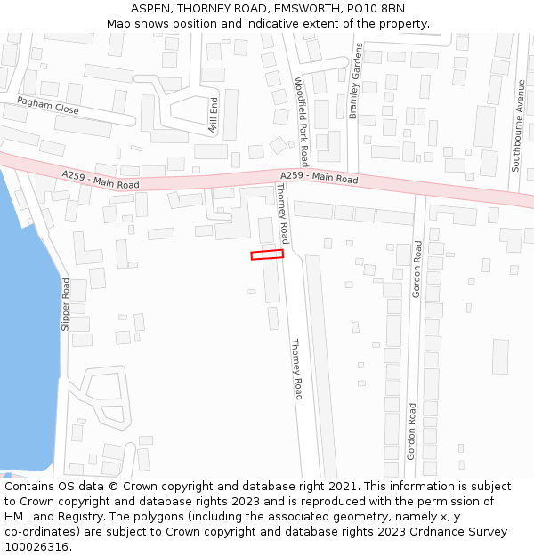 ASPEN, THORNEY ROAD, EMSWORTH, PO10 8BN: Location map and indicative extent of plot