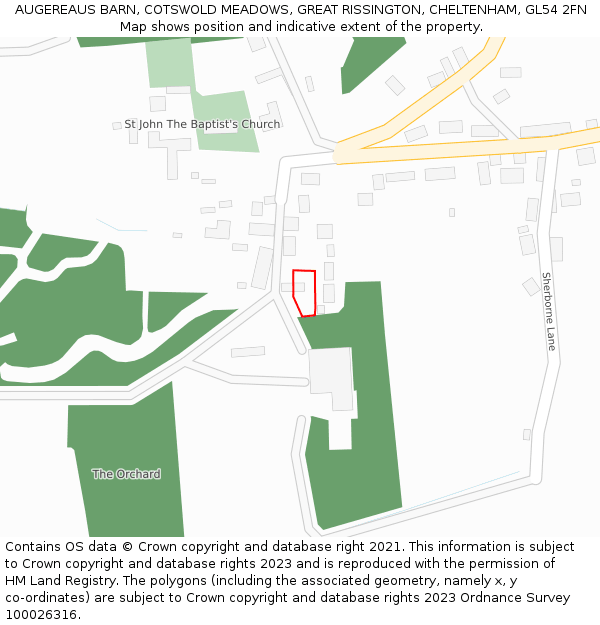 AUGEREAUS BARN, COTSWOLD MEADOWS, GREAT RISSINGTON, CHELTENHAM, GL54 2FN: Location map and indicative extent of plot