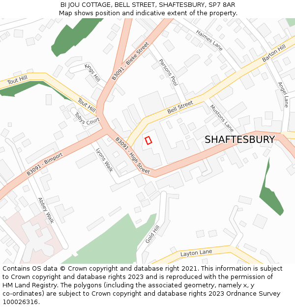 BI JOU COTTAGE, BELL STREET, SHAFTESBURY, SP7 8AR: Location map and indicative extent of plot