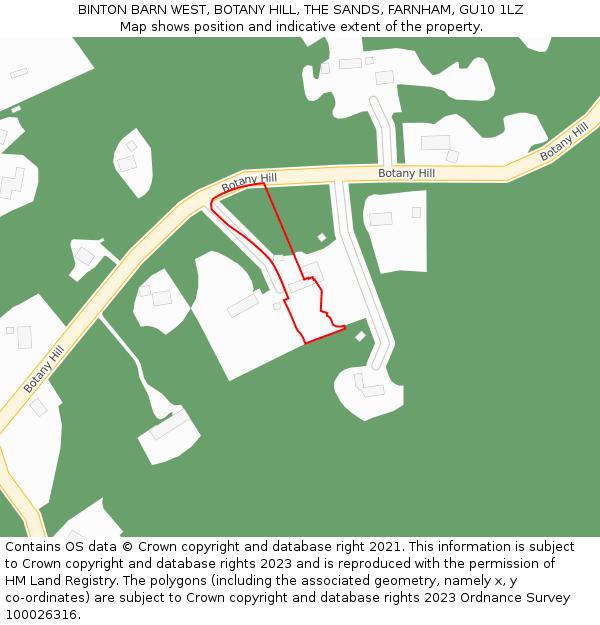BINTON BARN WEST, BOTANY HILL, THE SANDS, FARNHAM, GU10 1LZ: Location map and indicative extent of plot