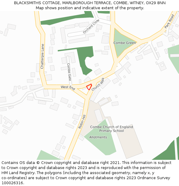 BLACKSMITHS COTTAGE, MARLBOROUGH TERRACE, COMBE, WITNEY, OX29 8NN: Location map and indicative extent of plot