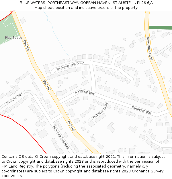 BLUE WATERS, PORTHEAST WAY, GORRAN HAVEN, ST AUSTELL, PL26 6JA: Location map and indicative extent of plot