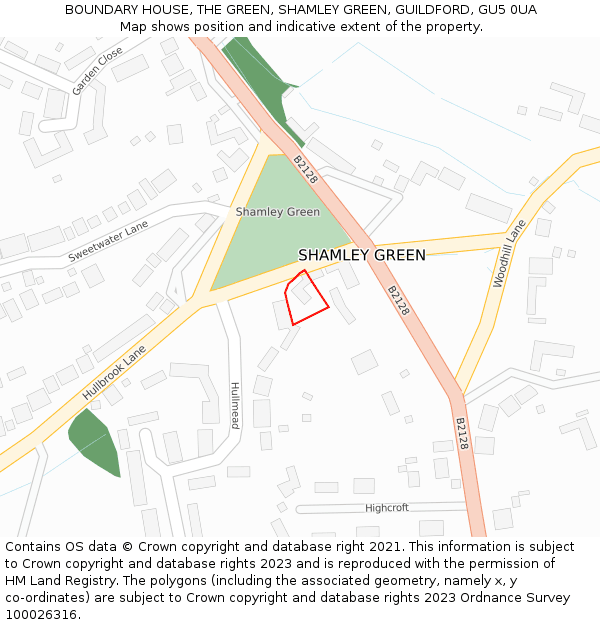 BOUNDARY HOUSE, THE GREEN, SHAMLEY GREEN, GUILDFORD, GU5 0UA: Location map and indicative extent of plot