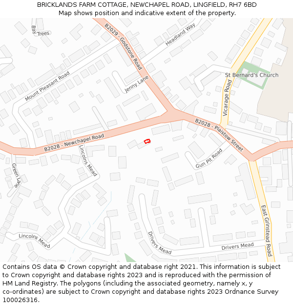 BRICKLANDS FARM COTTAGE, NEWCHAPEL ROAD, LINGFIELD, RH7 6BD: Location map and indicative extent of plot