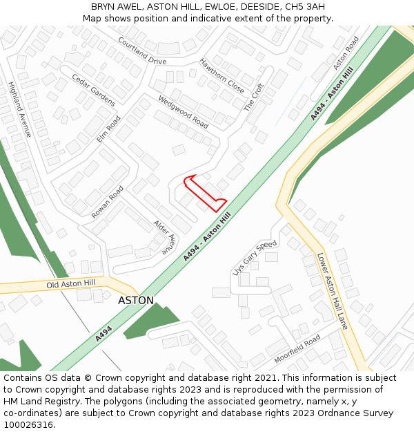 BRYN AWEL, ASTON HILL, EWLOE, DEESIDE, CH5 3AH: Location map and indicative extent of plot