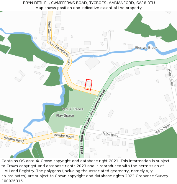 BRYN BETHEL, CWMFFERWS ROAD, TYCROES, AMMANFORD, SA18 3TU: Location map and indicative extent of plot