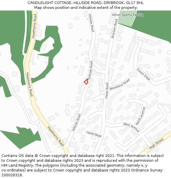 CANDLELIGHT COTTAGE, HILLSIDE ROAD, DRYBROOK, GL17 9HL: Location map and indicative extent of plot