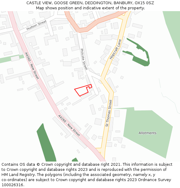 CASTLE VIEW, GOOSE GREEN, DEDDINGTON, BANBURY, OX15 0SZ: Location map and indicative extent of plot