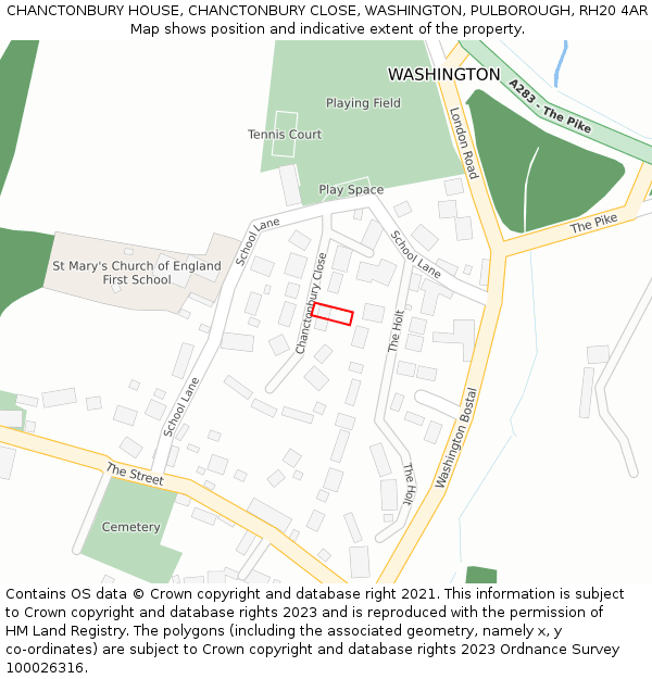 CHANCTONBURY HOUSE, CHANCTONBURY CLOSE, WASHINGTON, PULBOROUGH, RH20 4AR: Location map and indicative extent of plot