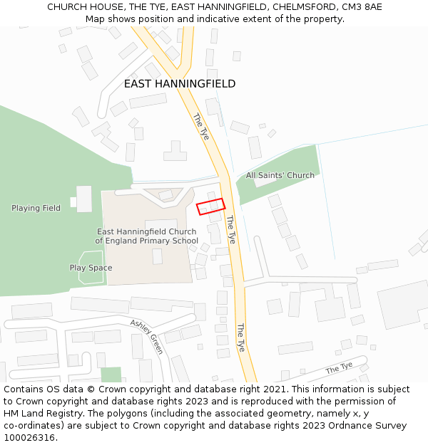 CHURCH HOUSE, THE TYE, EAST HANNINGFIELD, CHELMSFORD, CM3 8AE: Location map and indicative extent of plot