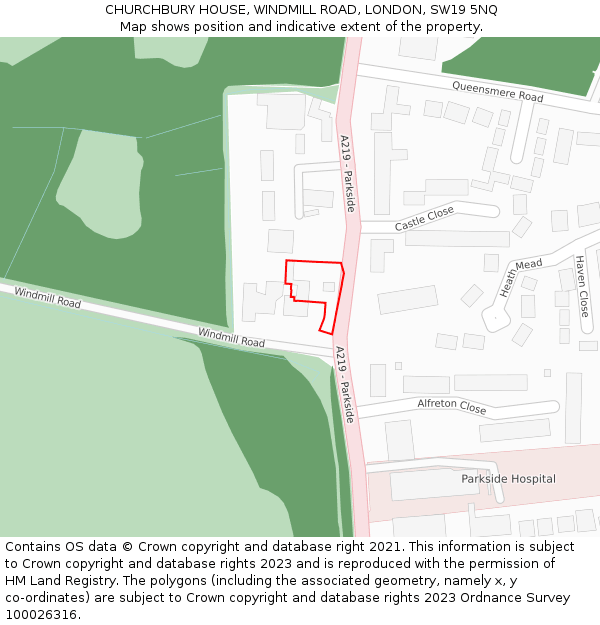 CHURCHBURY HOUSE, WINDMILL ROAD, LONDON, SW19 5NQ: Location map and indicative extent of plot