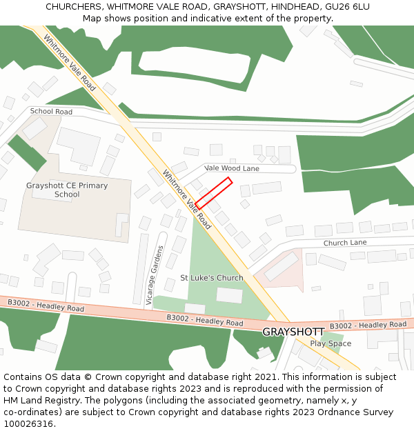 CHURCHERS, WHITMORE VALE ROAD, GRAYSHOTT, HINDHEAD, GU26 6LU: Location map and indicative extent of plot