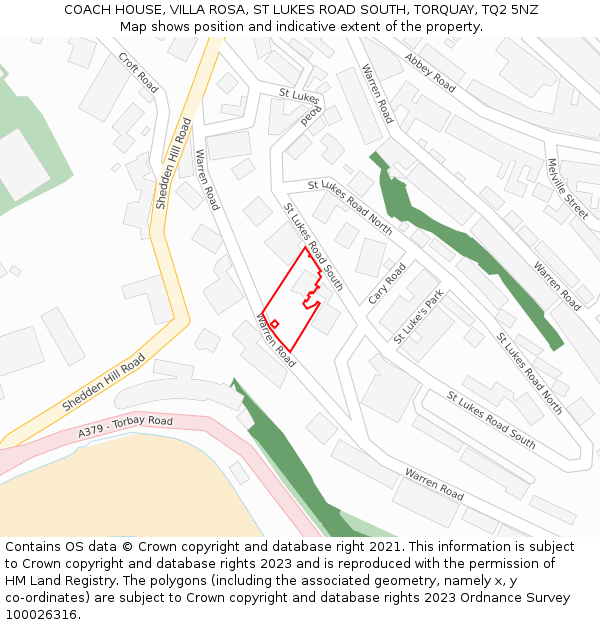 COACH HOUSE, VILLA ROSA, ST LUKES ROAD SOUTH, TORQUAY, TQ2 5NZ: Location map and indicative extent of plot