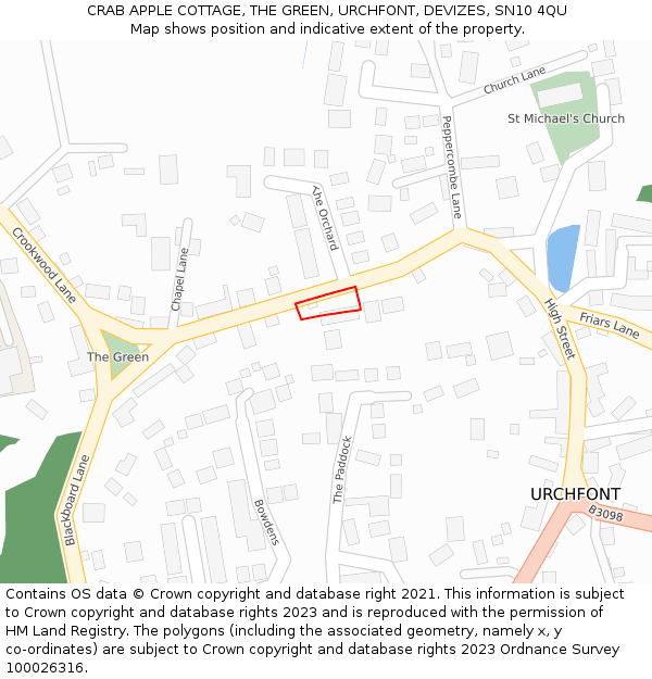 CRAB APPLE COTTAGE, THE GREEN, URCHFONT, DEVIZES, SN10 4QU: Location map and indicative extent of plot