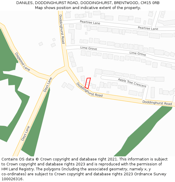 DANILES, DODDINGHURST ROAD, DODDINGHURST, BRENTWOOD, CM15 0RB: Location map and indicative extent of plot