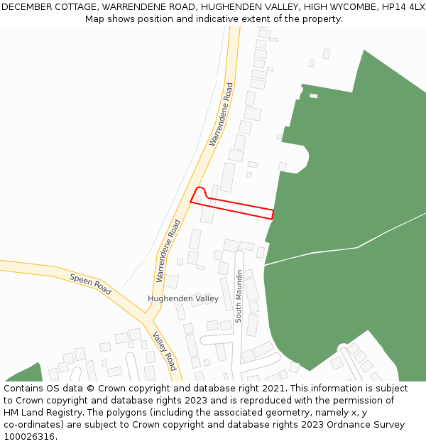 DECEMBER COTTAGE, WARRENDENE ROAD, HUGHENDEN VALLEY, HIGH WYCOMBE, HP14 4LX: Location map and indicative extent of plot