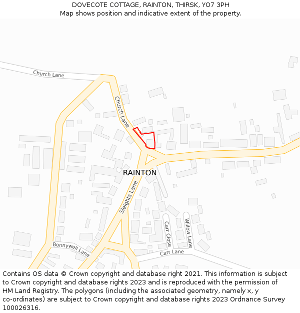 DOVECOTE COTTAGE, RAINTON, THIRSK, YO7 3PH: Location map and indicative extent of plot