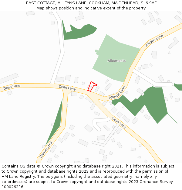 EAST COTTAGE, ALLEYNS LANE, COOKHAM, MAIDENHEAD, SL6 9AE: Location map and indicative extent of plot