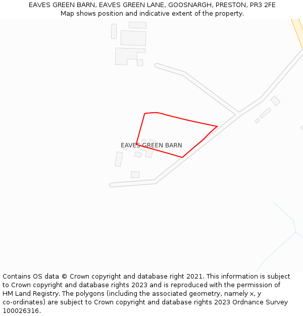 EAVES GREEN BARN, EAVES GREEN LANE, GOOSNARGH, PRESTON, PR3 2FE: Location map and indicative extent of plot