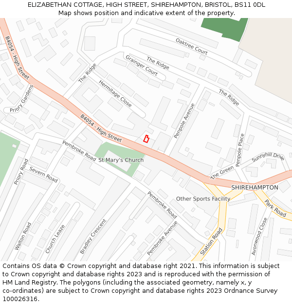 ELIZABETHAN COTTAGE, HIGH STREET, SHIREHAMPTON, BRISTOL, BS11 0DL: Location map and indicative extent of plot