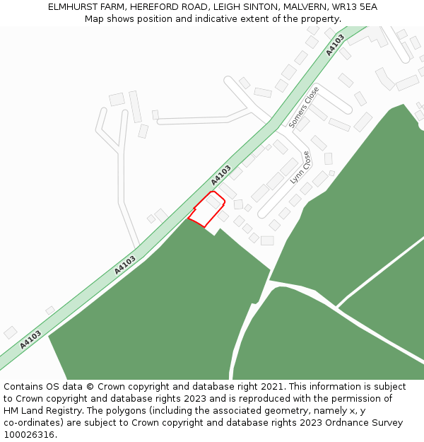 ELMHURST FARM, HEREFORD ROAD, LEIGH SINTON, MALVERN, WR13 5EA: Location map and indicative extent of plot