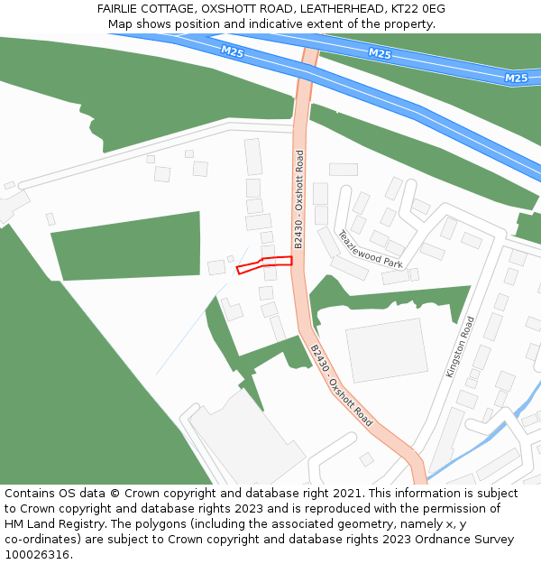 FAIRLIE COTTAGE, OXSHOTT ROAD, LEATHERHEAD, KT22 0EG: Location map and indicative extent of plot