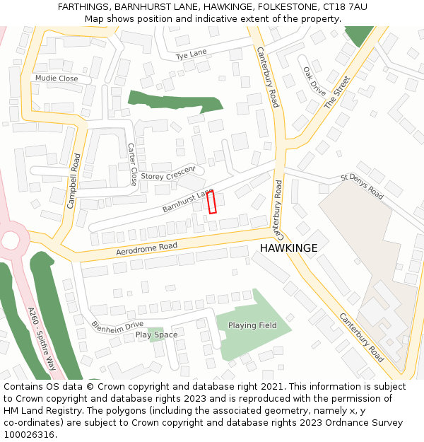 FARTHINGS, BARNHURST LANE, HAWKINGE, FOLKESTONE, CT18 7AU: Location map and indicative extent of plot