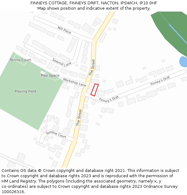 FINNEYS COTTAGE, FINNEYS DRIFT, NACTON, IPSWICH, IP10 0HF: Location map and indicative extent of plot