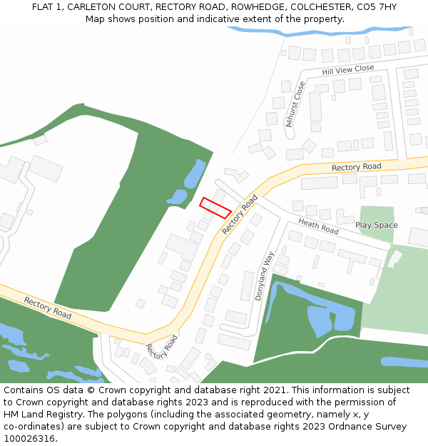 FLAT 1, CARLETON COURT, RECTORY ROAD, ROWHEDGE, COLCHESTER, CO5 7HY: Location map and indicative extent of plot