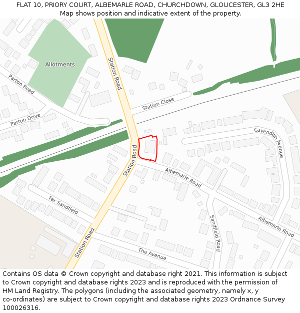 FLAT 10, PRIORY COURT, ALBEMARLE ROAD, CHURCHDOWN, GLOUCESTER, GL3 2HE: Location map and indicative extent of plot