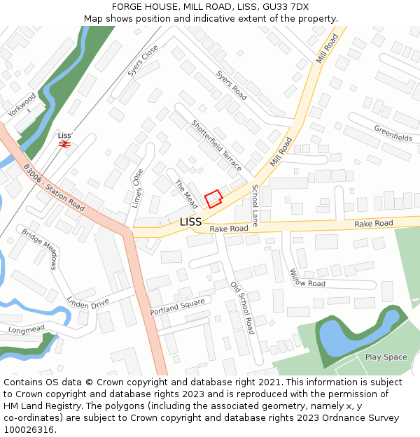 FORGE HOUSE, MILL ROAD, LISS, GU33 7DX: Location map and indicative extent of plot