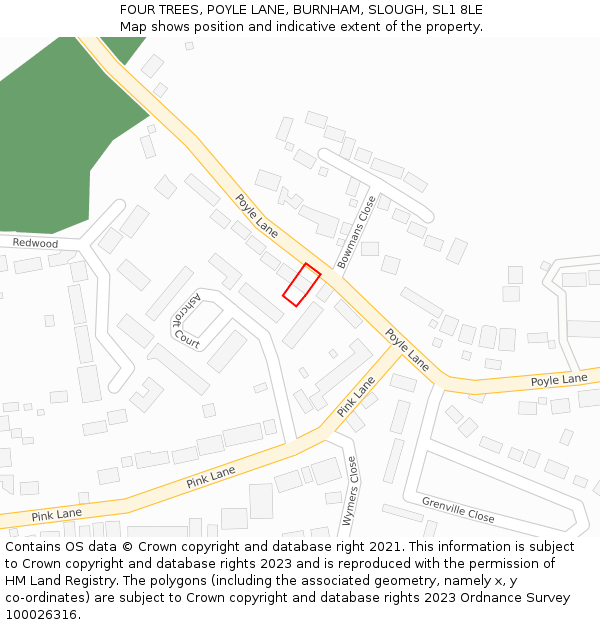 FOUR TREES, POYLE LANE, BURNHAM, SLOUGH, SL1 8LE: Location map and indicative extent of plot