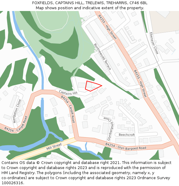 FOXFIELDS, CAPTAINS HILL, TRELEWIS, TREHARRIS, CF46 6BL: Location map and indicative extent of plot