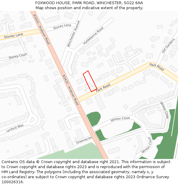 FOXWOOD HOUSE, PARK ROAD, WINCHESTER, SO22 6AA: Location map and indicative extent of plot