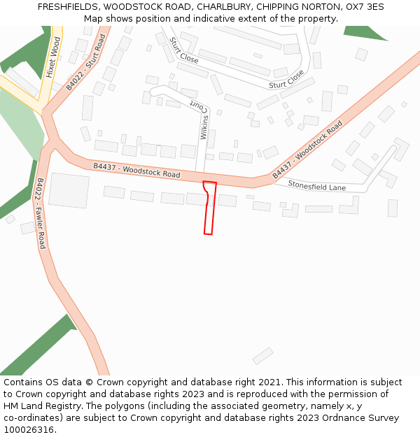 FRESHFIELDS, WOODSTOCK ROAD, CHARLBURY, CHIPPING NORTON, OX7 3ES: Location map and indicative extent of plot