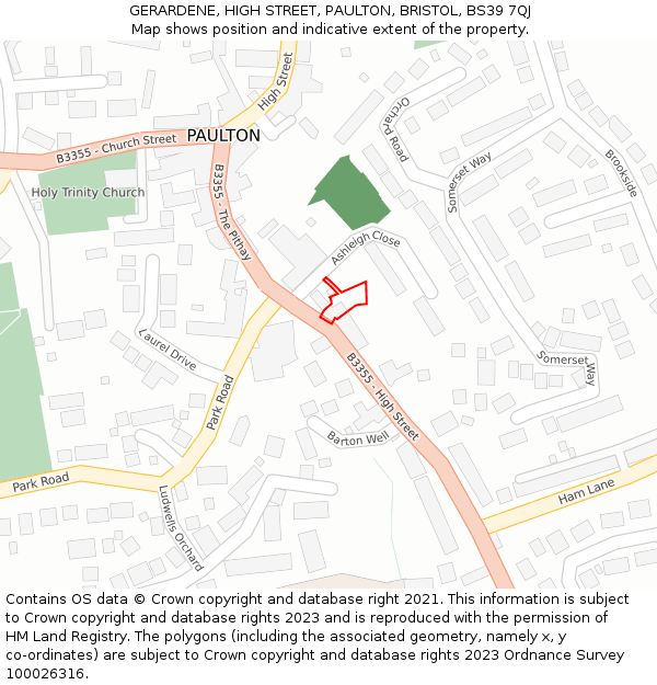 GERARDENE, HIGH STREET, PAULTON, BRISTOL, BS39 7QJ: Location map and indicative extent of plot