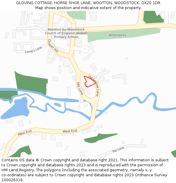 GLOVING COTTAGE, HORSE SHOE LANE, WOOTTON, WOODSTOCK, OX20 1DR: Location map and indicative extent of plot