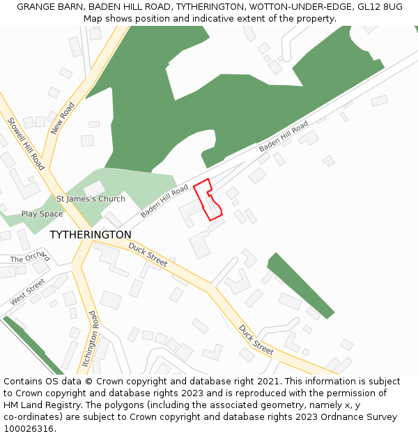 GRANGE BARN, BADEN HILL ROAD, TYTHERINGTON, WOTTON-UNDER-EDGE, GL12 8UG: Location map and indicative extent of plot