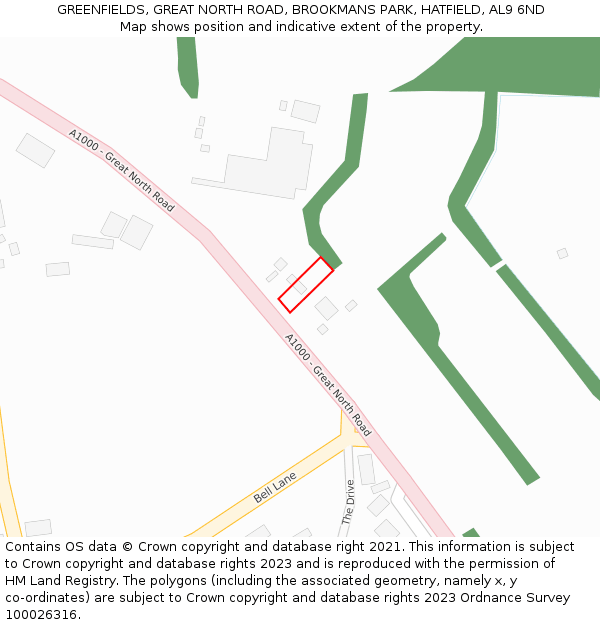 GREENFIELDS, GREAT NORTH ROAD, BROOKMANS PARK, HATFIELD, AL9 6ND: Location map and indicative extent of plot