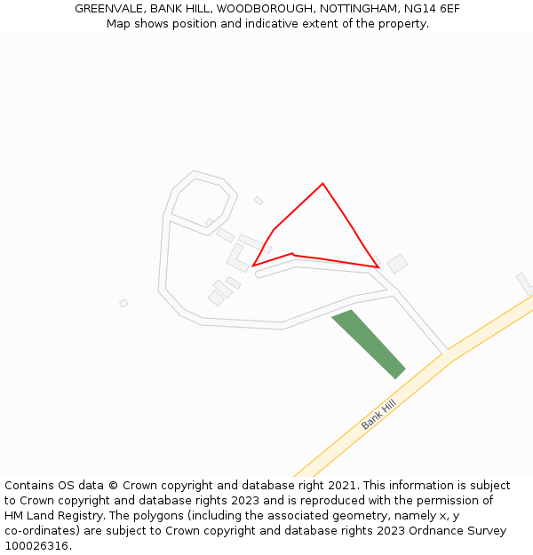 GREENVALE, BANK HILL, WOODBOROUGH, NOTTINGHAM, NG14 6EF: Location map and indicative extent of plot