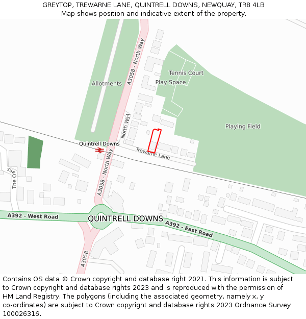 GREYTOP, TREWARNE LANE, QUINTRELL DOWNS, NEWQUAY, TR8 4LB: Location map and indicative extent of plot