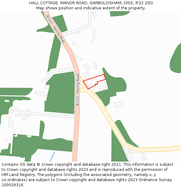 HALL COTTAGE, MANOR ROAD, GARBOLDISHAM, DISS, IP22 2SG: Location map and indicative extent of plot