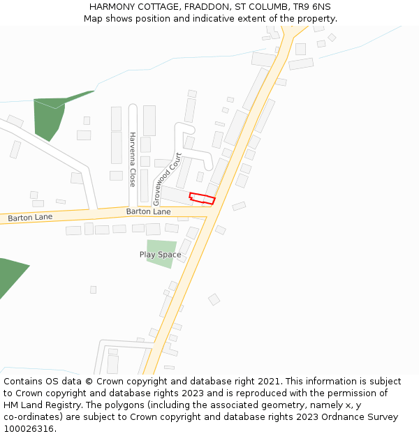 HARMONY COTTAGE, FRADDON, ST COLUMB, TR9 6NS: Location map and indicative extent of plot