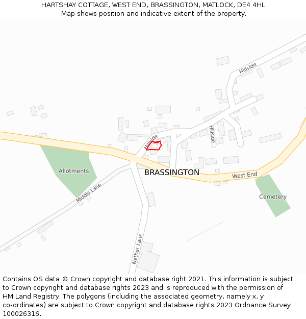 HARTSHAY COTTAGE, WEST END, BRASSINGTON, MATLOCK, DE4 4HL: Location map and indicative extent of plot