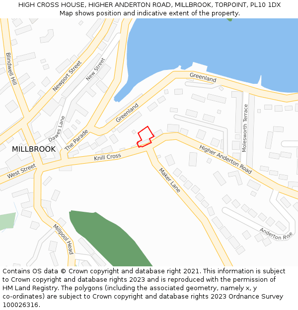 HIGH CROSS HOUSE, HIGHER ANDERTON ROAD, MILLBROOK, TORPOINT, PL10 1DX: Location map and indicative extent of plot